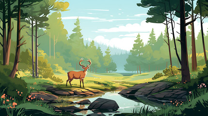 A vector illustration of a tranquil forest with wildlife.