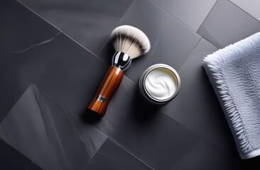 Shaving brush and foam on tiled grey background, top view - 749890829