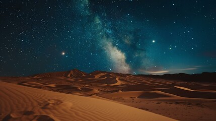 Fototapeta na wymiar Desert's Starry Night Sky: Stars shine over sandy dunes, amidst Saharan adventure Yellow hues blend with night clouds, under setting sun