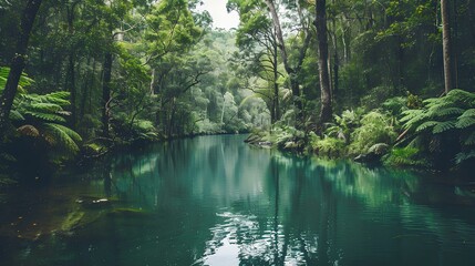 Waterfall and river in lush forest, surrounded by trees, reflecting the natural beauty of the landscape under clear skies