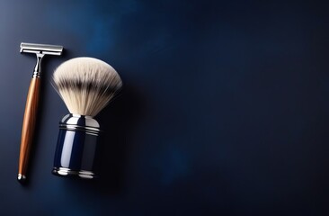 Razor and shaving brush on dark blue background, space for text