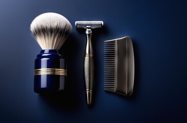 Male grooming kit. Razor, shaving brush and comb on dark blue background, top view - 749891070