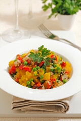 Stewed pumpkin with peas.