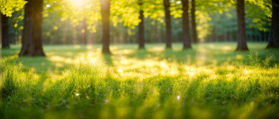 Luminous sunlight shining through vivid green forest onto the spring grass 