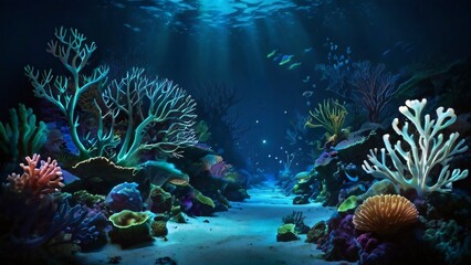 Underwater world with breathtaking colorful fish, corals and other beautiful underwater creatures, the moon shimmers through the water