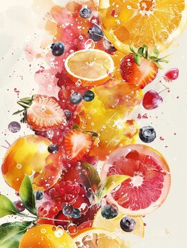 Illustrate a virtual reality experience tasting watercolor fruits in a digital world