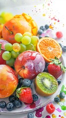 Craft a scene of children learning about fruits through an interactive watercolor app