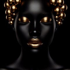 Black woman face with golden make-up and pearls on black background  © Denis Agati