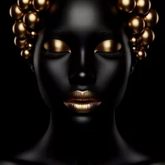 Black woman face with golden make-up and pearls on black background  © Denis Agati