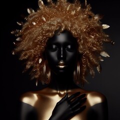 Portrait of a black woman with afro hairstyle and gold jewelry. 