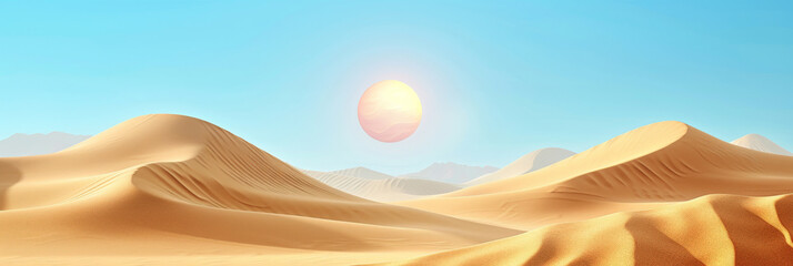 the sun in the desert, a brown sand dunes in the desert on blue sky background, appropriate for travel magazines, blog headers, website backgrounds, or desert themed contras designs.banner