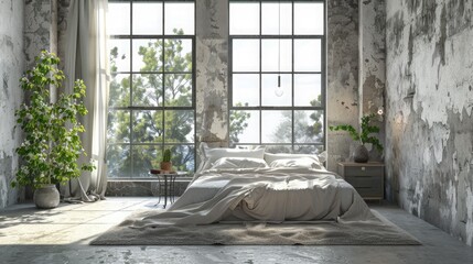 Stylish bedroom interior with big window wall and double elegant bed