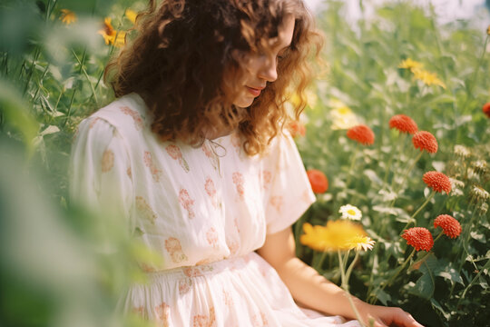 Mother's Day card. International Women's Day. Summertime, summer background. Girl in flowers field.