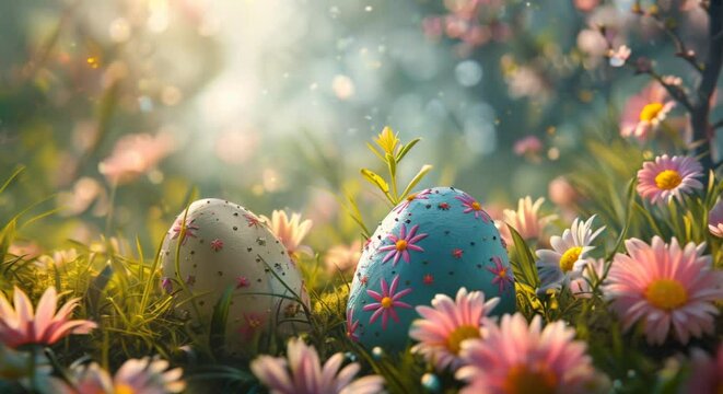 Spring awakening with Easter eggs and blooming flowers