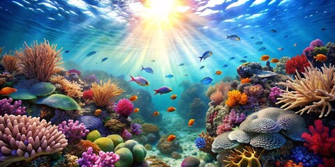 Underwater world with breathtaking colorful fish, corals and other beautiful underwater creatures, the moon shimmers through the water - obrazy, fototapety, plakaty
