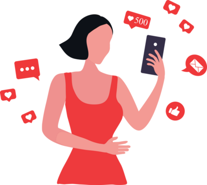 Beautiful woman shouting in loud speaker with social media icons. Influencer social media marketing, blogger, vlogging, social influencer and influencer marketing concept