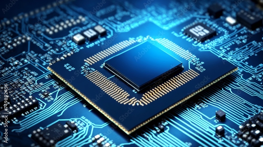 Poster microchip component closeup on blue motherboard computer hardware