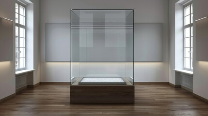 empty room with glass square display case for an art exhibition with wooden parquet floor