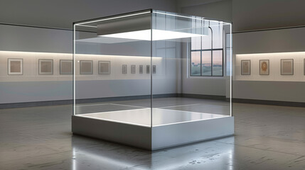 empty room with glass square display case for an art exhibition with wooden parquet floor - obrazy, fototapety, plakaty