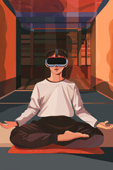 Vector illustration of a young man with virtual glasses doing yoga