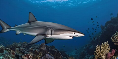 A great white shark, swimming in harmony with other fish, corals and other sea creatures