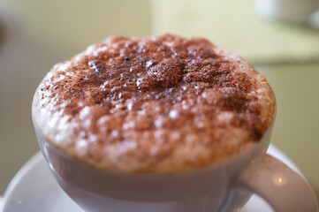 cappuccino with a large milk cap sprinkled with cocoa powder. coffee milk drink with caffeine and sugar.