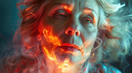 Image of a middle-aged woman in menopause with hot flashes and hormonal thermoregulation failures. - obrazy, fototapety, plakaty