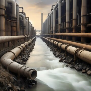 Environmental damage concept, Industrial and factory wastewater discharge pipe into the canal and sea,