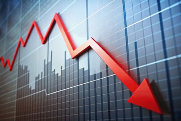 Economic Recession, Downtrend graph with red arrow pointing downwards, indicating economic downturn.