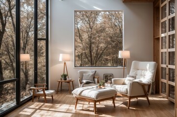 Modern cozy room featuring a comfortable armchair by a spacious window and tree artwork 