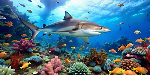 Fototapeta na wymiar A great white shark, swimming in harmony with other fish, corals and other sea creatures