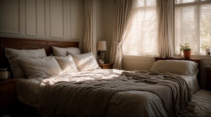 Morning glow adds a touch of warmth to a bedroom with a tousled bed 