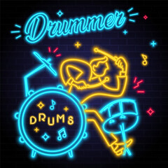 Drummer musician with neon light elements Dynamic music and music notes with bright elements