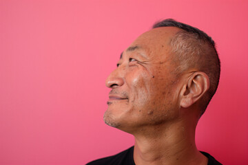 a man with a black shirt and a pink background
