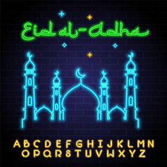Eid Al Adha and alphabet set with neon light glowing element