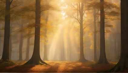 Naklejka premium A serene forest glade, dappled with golden sunlight and filled with the gentle rustling of leaves. The trees stand tall and proud, their branches reaching towards the sky in a peaceful dance.