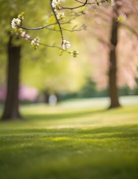 Beautiful blurred background image of spring nature with a neatly trimmed lawn surrounded by trees Generative AI