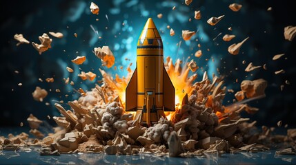 Yellow pencil rocket breaking through hole from obstacle wall to blue zone background minimal style.