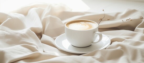 Cup of fresh coffee in bed, morning mood. Linen cotton textile bedclothes.
