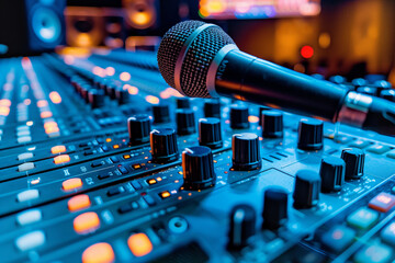 A microphone is on a sound board with many knobs