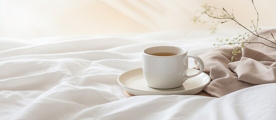 Fototapeta na wymiar Cup of fresh coffee in bed, morning mood. Linen cotton textile bedclothes.