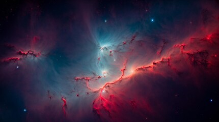 Nebula Alive with Blues, Reds, and Shimmering Stars in Space  - obrazy, fototapety, plakaty