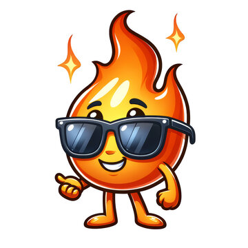 Happy flame mascot design wearing sunglasses. Cartoon concept. Flame, fire concept. cool character concept. Clipart illustration. Transparent background. Isolated character.
