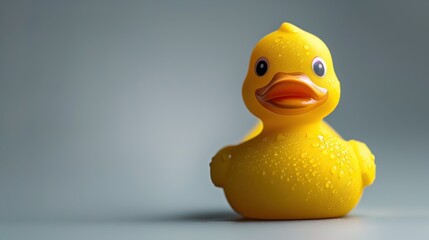 Rubber duck covered in glistening water droplets, evoking a sense of playful nostalgia and childhood bath time fun.