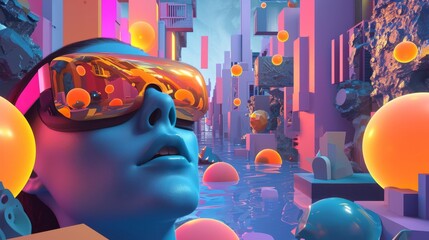 A surreal blend of the real and virtual as a person in a VR headset explores a vibrant, digital cityscape teeming with life.