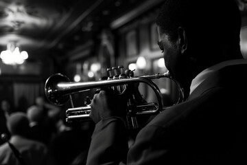 A man playing a trumpet in a dark room