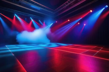 Empty night club in multicolored lighting with smoke