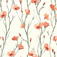 Fototapeta premium This seamless pattern showcases a delicate array of desert flowers in orangeade hues, rendered in watercolor for a touch of radiant elegance.