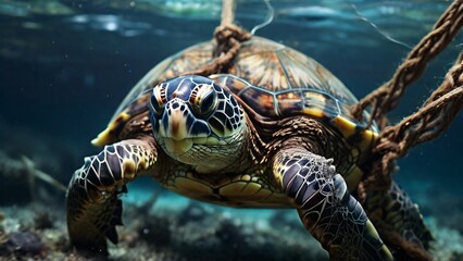 turtle caught net fishermen underwater life-threatening danger environmental protection