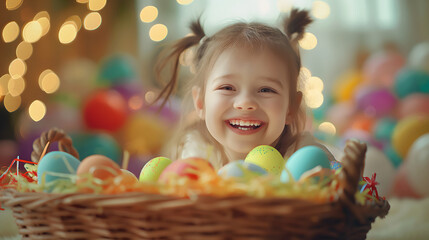 A happy and smiling white child is holding a basket full with vivid colorful Easter eggs with cute patterns in a blurred living room background. Front view.